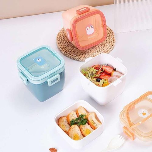 product_image_name-Generic-Portable Plastic Microwaveable Bento Double Layer Lunch Box With Character Motif, Anti Spish With Spoon Feed Fruit Box For Office , Kids children, mini snack, sandwich, food container- Multicolor-7