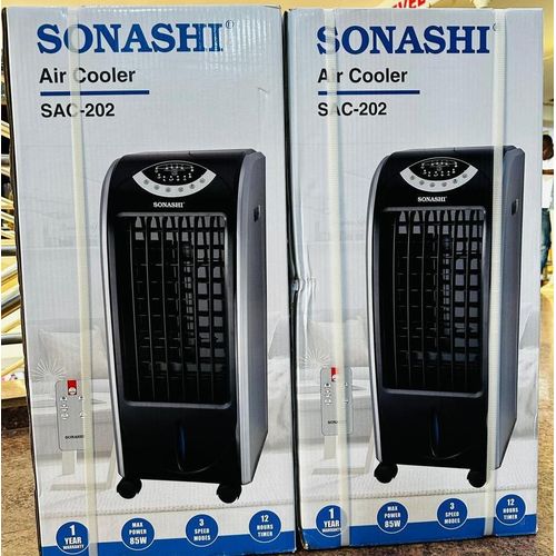 product_image_name-Sonashi-202 Portable Air cooler W/5 Liters Water Tank Air Conditioner,2 Ice Boxes ,Three Wind Speeds,Water Level Indicators,4 Castor Wheels ,Electric Display,12 hours Timer_White/Black.1 year warranty.-2