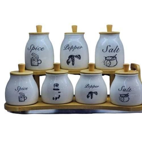 product_image_name-Generic-Elegant Ceramic Spice Jar Set with Wooden Display Rack - Multicolor-1