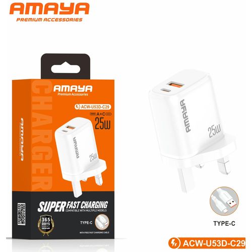 product_image_name-Amaya-2 in 1 (type c super fast charger) ACW-U53D-C29 PD25W+ QC3.0A +C2in1 British standard charger with Type-C cable-1
