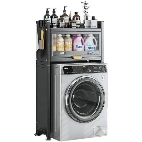 product_image_name-Generic-Washing Machine Storage Cabinet, Metal Washer Dryer Storage Shelf, 2 Tier Freestanding Washing Machine Storage Rack for Laundry Bathroom Balcony, with Double Doors Cabinet-1