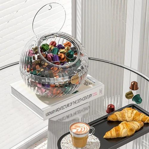 product_image_name-Generic-Transparent Spherical Coffee Capsule Holder Tabletop Storage Box Decorative Jar Organizer Candy Snack Pot With Lid For Sweeteners Sugar Packets Creamers -1