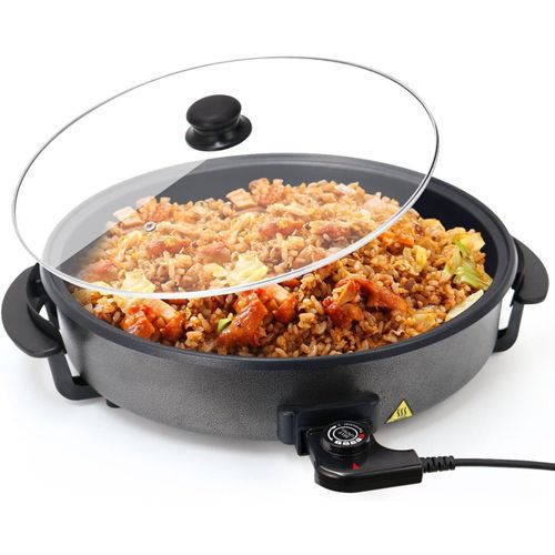 product_image_name-Sunny-28CM 4CM Deep Electric Pizza Pan Electric Party Casserole Saucepan Frying Pan With Cover, Multifunctional Pan With Non-Stick Coating, 5 Adjustable Temperatures With Handles And Glass Lid- Black-1