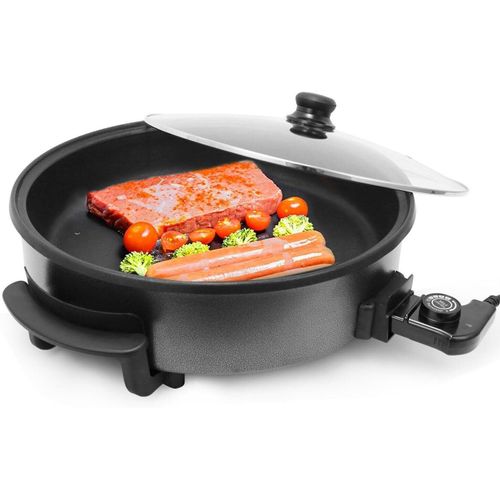 product_image_name-Sunny-28CM 4CM Deep Electric Pizza Pan Electric Party Casserole Saucepan Frying Pan With Cover, Multifunctional Pan With Non-Stick Coating, 5 Adjustable Temperatures With Handles And Glass Lid- Black-3