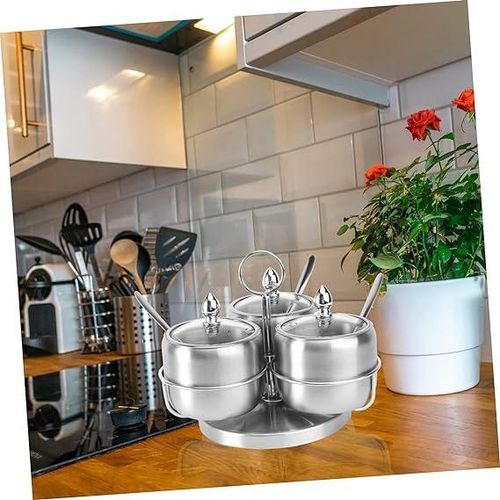 product_image_name-Generic-3 Pieces Sugar Bowl Set With Handle Transparent Lids And Tea Spoons-Silver-4