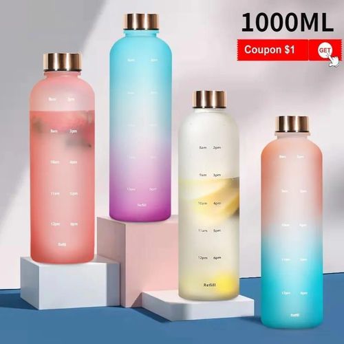 product_image_name-Generic-1L Large Water Bottle For Girls Frosted Water Cup Metal Lid Water Bottle With Time Marker Reusable Drinking  can-5