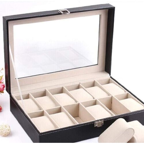product_image_name-General-12 Slot Watch Display Box Storage Stand Organizer Window Leather Watch Case - Black-5