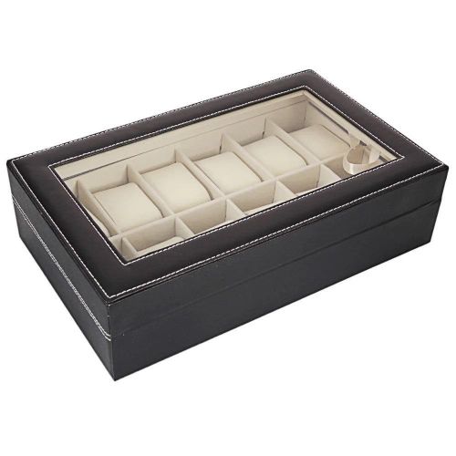 product_image_name-General-12 Slot Watch Display Box Storage Stand Organizer Window Leather Watch Case - Black-8