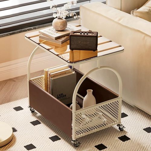 product_image_name-Generic-2-Tier Night Stand with Metal Frame and Wheels, Small End Table Living Room Bedroom Balcony, Mobile Bedside Table Home Decor Small Desk for Small Spaces Living Room Coffee Table Side Table with Wheels Glass Desktop  with Storage, Balcony Rolling Cart-2