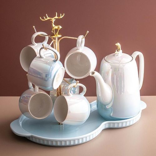 product_image_name-Generic-Tea Set With Metal Holder, Ceramic Cup Set For Tea Coffee With Teapot And 6 Cups  And Tray For Family Afternoon Tea Party- Multicolor-1