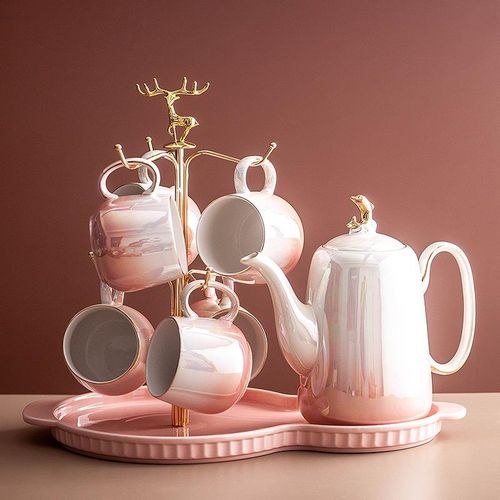 product_image_name-Generic-Tea Set With Metal Holder, Ceramic Cup Set For Tea Coffee With Teapot And 6 Cups  And Tray For Family Afternoon Tea Party- Multicolor-4