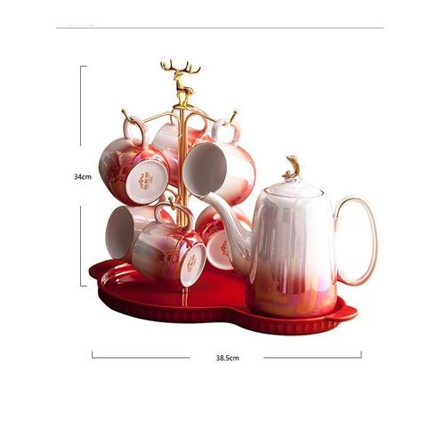 product_image_name-Generic-Tea Set With Metal Holder, Ceramic Cup Set For Tea Coffee With Teapot And 6 Cups  And Tray For Family Afternoon Tea Party- Multicolor-5