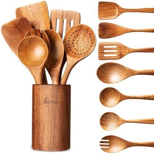 product_image_name-Generic-Wooden Spoons for Cooking Non-stick Pan- 8-Piece Wooden Kitchen Utensil Set made of Natural Solid Wood Material-Includes Spoons,Spatulas,Ladles,Mixing Spoon and Utensil Holder Barrel Gifts Set-1