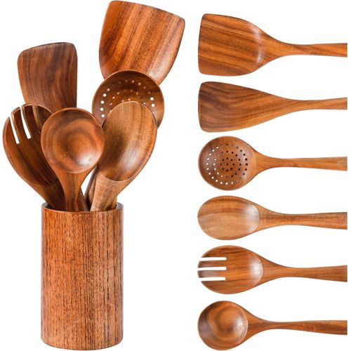 product_image_name-Generic-Wooden Spoons for Cooking Non-stick Pan- 8-Piece Wooden Kitchen Utensil Set made of Natural Solid Wood Material-Includes Spoons,Spatulas,Ladles,Mixing Spoon and Utensil Holder Barrel Gifts Set-8