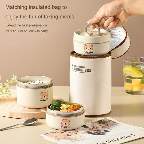 product_image_name-Generic-3PC Portable Insulated Lunch Box Set for Kids and Adult, Food-Grade 304 Stainless Steel Lunch Containers with Thermal Bag. WHITE-1