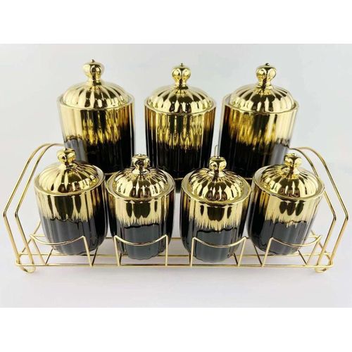 product_image_name-Generic- Porcelain Kitchen Food Bins Coffee Tea Sugar Sealed Storage Jar With Gold Stand Rack Canister Set - Multicolor-1