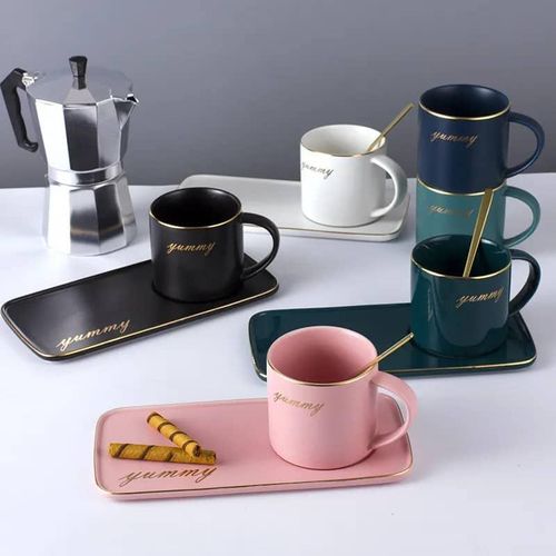 product_image_name-Generic-Ceramic Coffee Cup Tumbler Tray Cappuccino Cup Saucer Set Side Style Tea Water Ware Set Mugs With Spoon Gift Set For Office- Multicolored-8