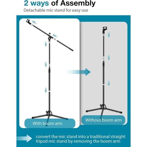 product_image_name-Generic-Microphone Stand, Boom Arm Mic Stand Floor Detachable Height Adjustable Heavy Duty with Mic Clip Holder Metal Base for Blue Yeti HyperX QuadCast Shure SM58 Samson Q2U Fifine K669B Microphones-2