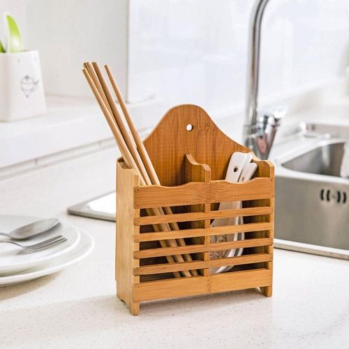product_image_name-Generic-Bamboo Wooden Kitchen Utensil Holder, Flatware Cutlery Strainer Organizer for Countertop, 2 Divided Utensil Caddy Counter for Chopstick Spoons, Forks, Spatulas, Knivies Stand Drain Storage Holder Drying Rack Cooking Tool Tray Shelf Box-2