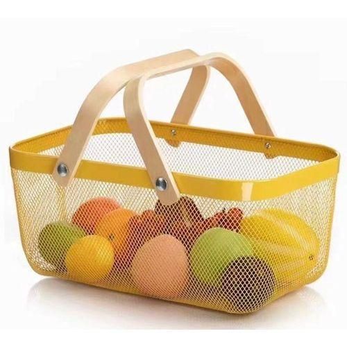 product_image_name-Generic-Rectangle Metal Mesh Fruit Basket Shopping Wooden Handle Storage Bin- Multi-colour.-1
