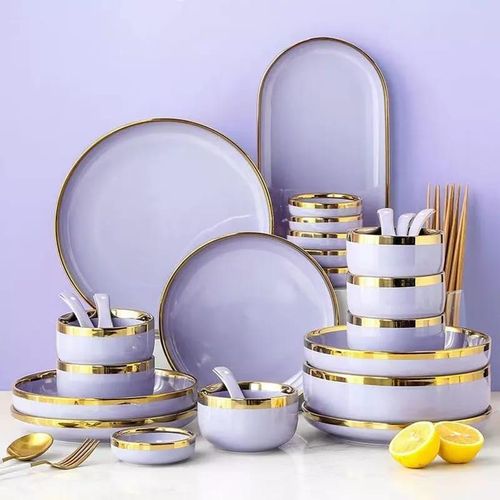 product_image_name-Generic-32Pcs Microwave Ceramic Pates Bowls Spoons Restaurant Dinnerware Gift Set Porcelain With Gold Rim Box For 8-3