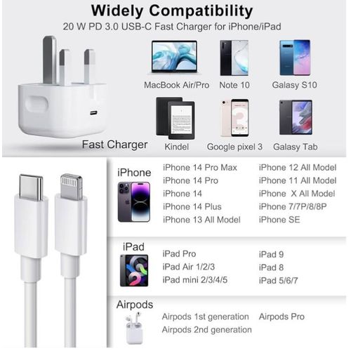 product_image_name-Apple-iPhone Fast Charger Cable and Plug, 20W USB C Charger Plug with 1M Fast Charger Cable iPhone Compatible with iPhone 14/12/13/11/X/8, Pad-3