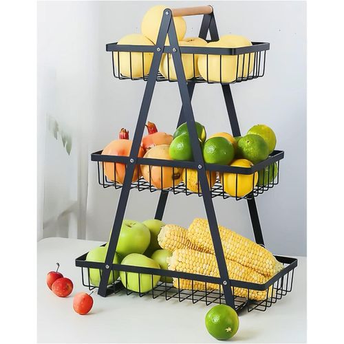 product_image_name-Generic-3 Tier Portable Fruit Basket Stand Vegetable Bread & Snacks Detachable Metal Rectangle Basket With Wooden Handle Modern for Kitchen Decoration- Black-2
