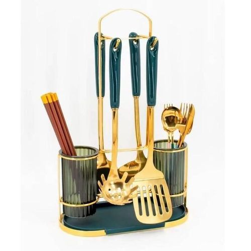 product_image_name-Generic-Kitchen Utensil Holder Countertop 2 Cups Cooking Cutlery Rack For Fork Spoon Knife Spatula- Green.-1