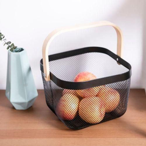 product_image_name-Generic-Square Metal Mesh Fruit Basket Shopping Wooden Handle Storage Bin- Multi-colour.-2
