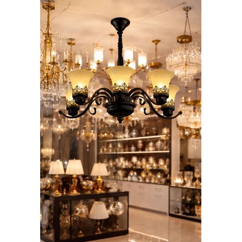 product_image_name-Generic-Modern 6-Light Chandelier – Luxury Black & Amber Glass Ceiling Light for Living Room, Bedroom & Dining-2