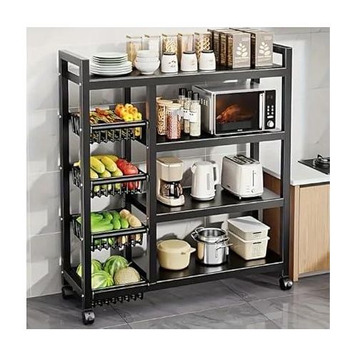 product_image_name-Generic- 4-Tier Kitchen Storage Rack Heavy Duty Metal Free. Black Standingakers Racks Microwave Oven Stand For Kitchen With Wheels. Color-Black-1