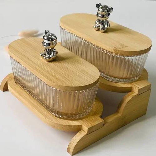 product_image_name-Generic-2 Jars 2 Tier Glass Snacks Serving Bowls Set Platters With Bamboo Wooden Tray Stand Rack And Lids For  Dessert, Fruit, Vegetables, Appetizer, Cake, Candy, Chip Dip Food Storage- Clear-1