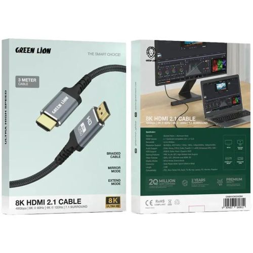 product_image_name-Green Lion-8K HDMI to HDMI Cable with 48Gbps Bandwidth & 3m Length - Black-1