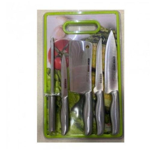 product_image_name-Generic-Silver Knife Set with Sharpener & Cutting Board - Multicolor-1