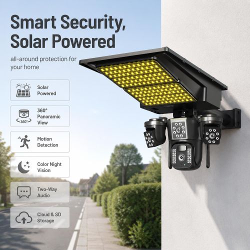 3 Lens 3 Screen PTZ Ai Digital Wireless Solar Camera With Flood Light - Smart Home Product Uganda | Deepcode Innovations