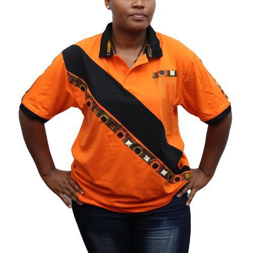 product_image_name-Emmanuel Ahimbisibwe-African Themed Kitenge Women's Polo T-Shirt - Orange-1