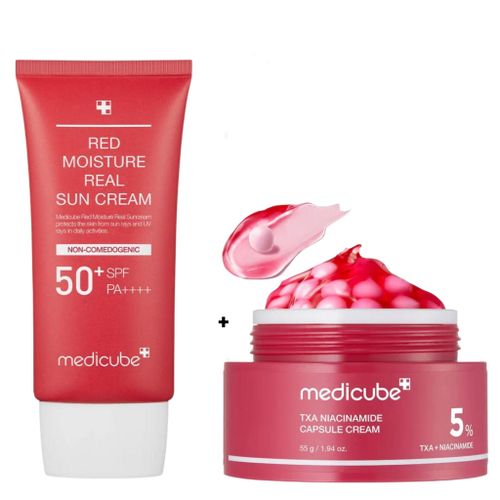product_image_name-Medicube-TXA Niacinamide Capsule Cream with Alpha Arbutin + Red Moisture Real Sun Cream SPF 50+. Protects The Skin From Sunlight, Blocks UV Rays, Moisturizing, Glows, Brightens, Removes Dark Spots,  Pigmentation, Freckles, Scars, Blemishes & Evens-1