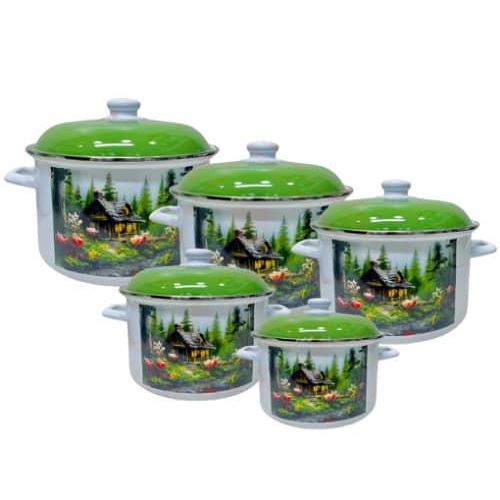 product_image_name-Generic-5 Pieces Mountain Cabin Enamel Cooking Stockpot Cookware Set Soup Bowls Serving Dishes With Lids And Handles- Multicolor-1