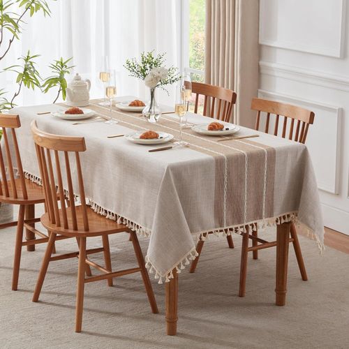 product_image_name-Generic-150 x 220 cm Farmhouse Cotton Linen Waterproof Tablecloth Burlap Table Cloths With Tassel, Heavy Weight Wrinkle Free Boho Table Cover for Picnic Camping Dining for Kitchen Dining Table Rectangle Tables -1