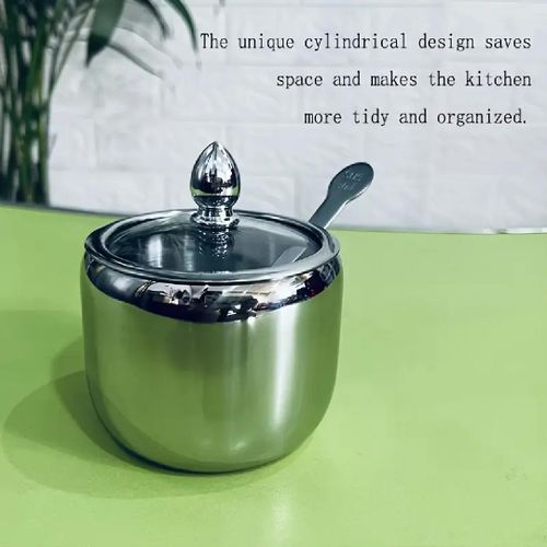product_image_name-Generic-Stainless Steel Sugar Bowl Salt Pot with Clear Lid and Spoon, Sugar Container Sugar Jar for Kitchen and Home, 240 ML-1