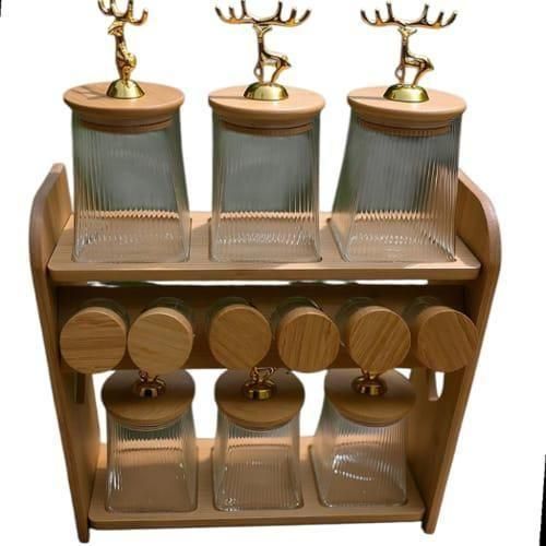product_image_name-Generic-12-piece Kitchen Glass Spice Jar Set With A Vertical Wooden Storage Stand Bamboo LIds And Bamboo Tray Kitchen Boxes Canister Sugar Tea Leaves Coffee Milk Spice Food Organizer Containers Jars With Wooden Tray Stand -2