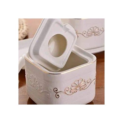 product_image_name-Generic-3 pcs Ceramics Condiment Jar, 10OZ Sugar Bowl Porcelain Spice Pots with Ceramic spoon and Tray, Seasoning Pepper Box for Salt, Spices, Canisters- White-3