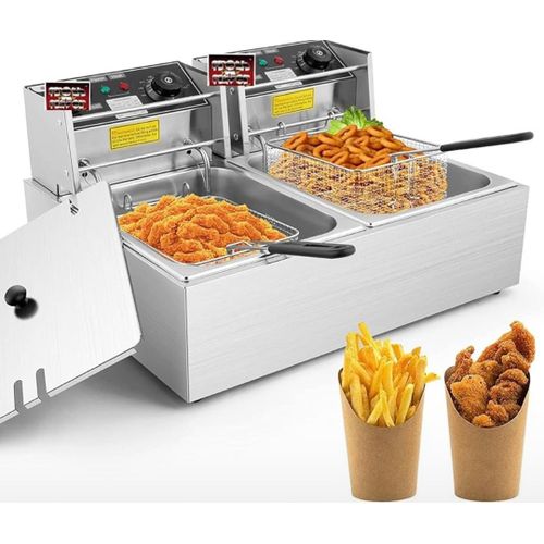 product_image_name-Generic-Double Electric Deep Fryer with Basket Commercial Deep Fryer Stainless Steel Dual Tank with Lid Adjustable Temperature Knob Oil Filtration for French Fries, Donuts, Chicken, Chips-1