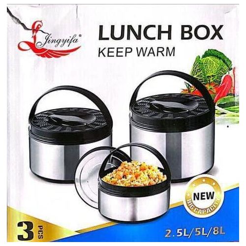 product_image_name-Generic-Stainless Steel Thermo Steel Casserole Warm Lunch Food Warmer Storage Lunch Box 3 Piece Set Cover Design May Differ - Silver/Black/Green-2