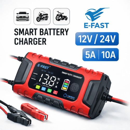 product_image_name-Generic-E-FAST Smart Battery Charger 12V/24V 5A/10A Automatic Car, Motorcycle & Solar Battery Charger With LCD Display- Red-1