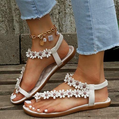 product_image_name-SHJO-Women's Sandal Shoes Floral Design Open Toe Faux Leather Comfortable Non-slip Lightweight Casual Beach Daily Wear Flat Sandals White-6