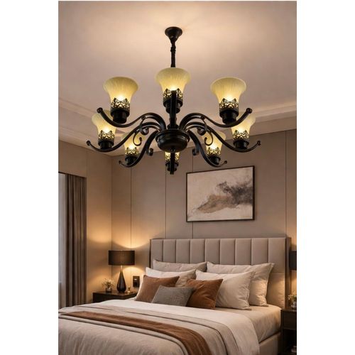 product_image_name-Generic-Modern 8-Light Chandelier – Luxury Black Ceiling Light with Amber Glass for Living Room, Dining & Bedroom-2
