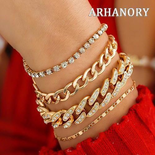 product_image_name-ARHANORY-4pcs Tennis Miami Cuban Link Chain Bracelet Set for Women Adjustable Rhinestones Dainty Jewelry - Gold-1