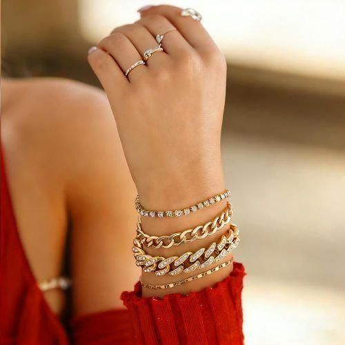 product_image_name-ARHANORY-4pcs Tennis Miami Cuban Link Chain Bracelet Set for Women Adjustable Rhinestones Dainty Jewelry - Gold-6