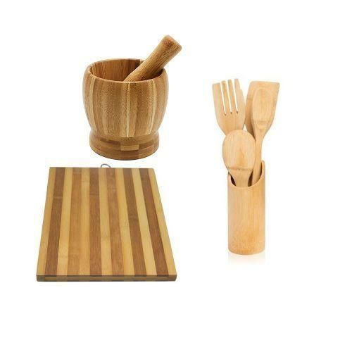 product_image_name-Generic-Set of Bamboo Chopboard, Mortar Pestle, Cooking Spoons - Brown-1